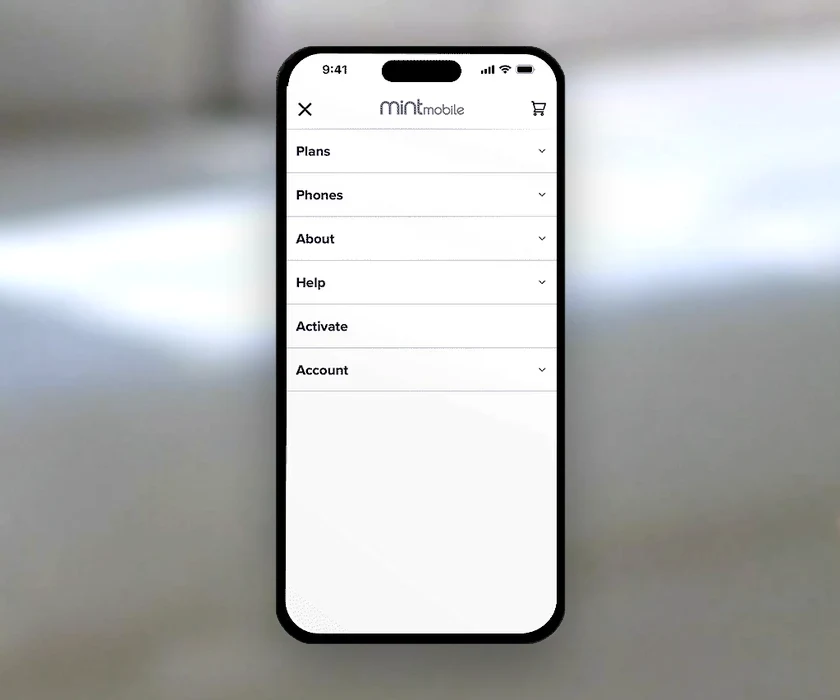 Mint Mobile mobile menu opening its Plans, Phones and About groups