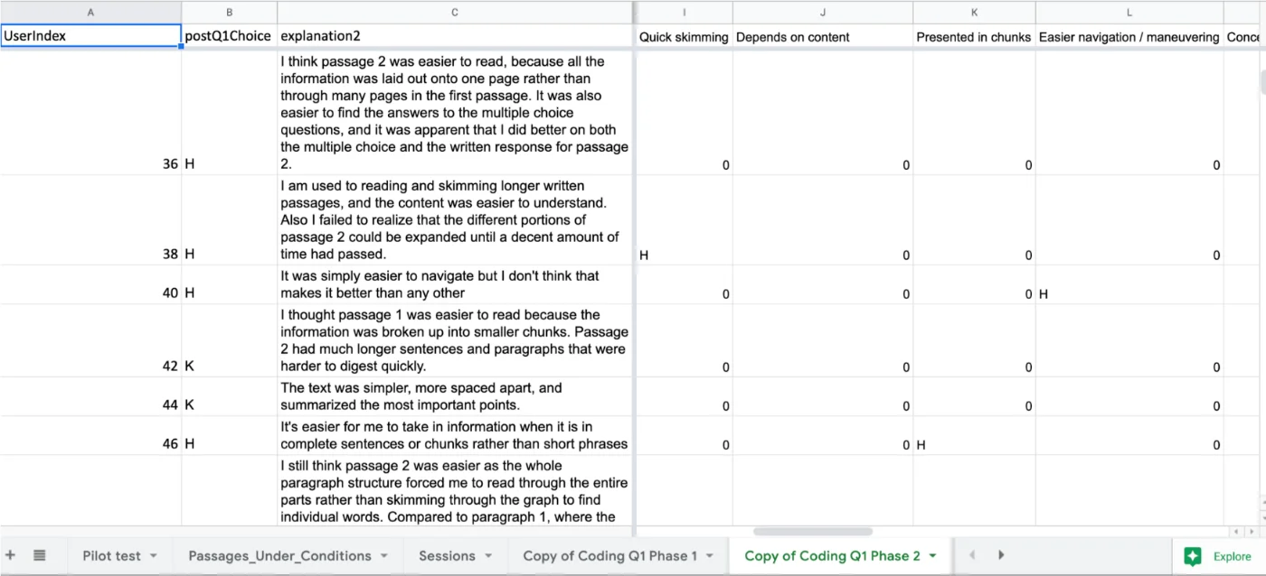 Thematic coding process on Google Sheets