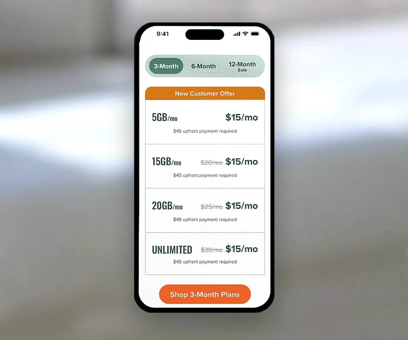 Mint Mobile plans page on a phone, cycling through 3-, 6- and 12-month plans