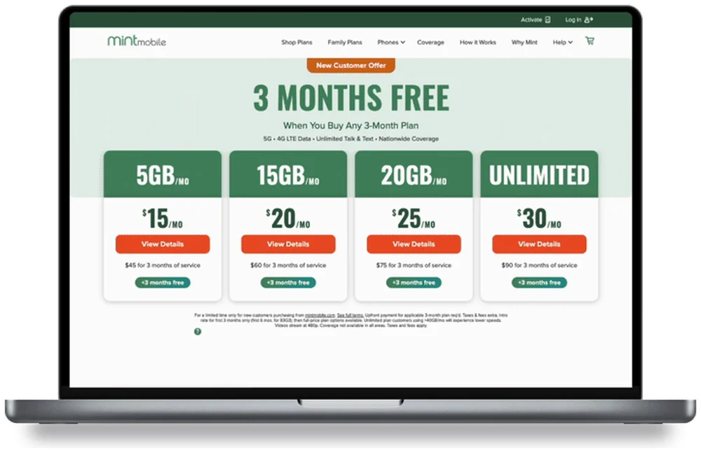Previous Mint Mobile plans page on a laptop, scrolling through 3-month plan cards