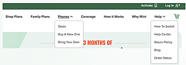 Previous Mint Mobile navigation with Phones and Help dropdowns open